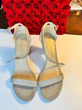 Stuart Weitzman Champagne Glitter Ankle-Strap Heels